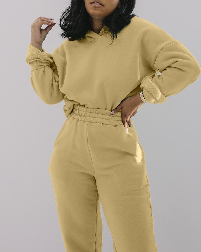 

Hooded Long Sleeve Casual Top & Pocket Design Pants Set, Yellow
