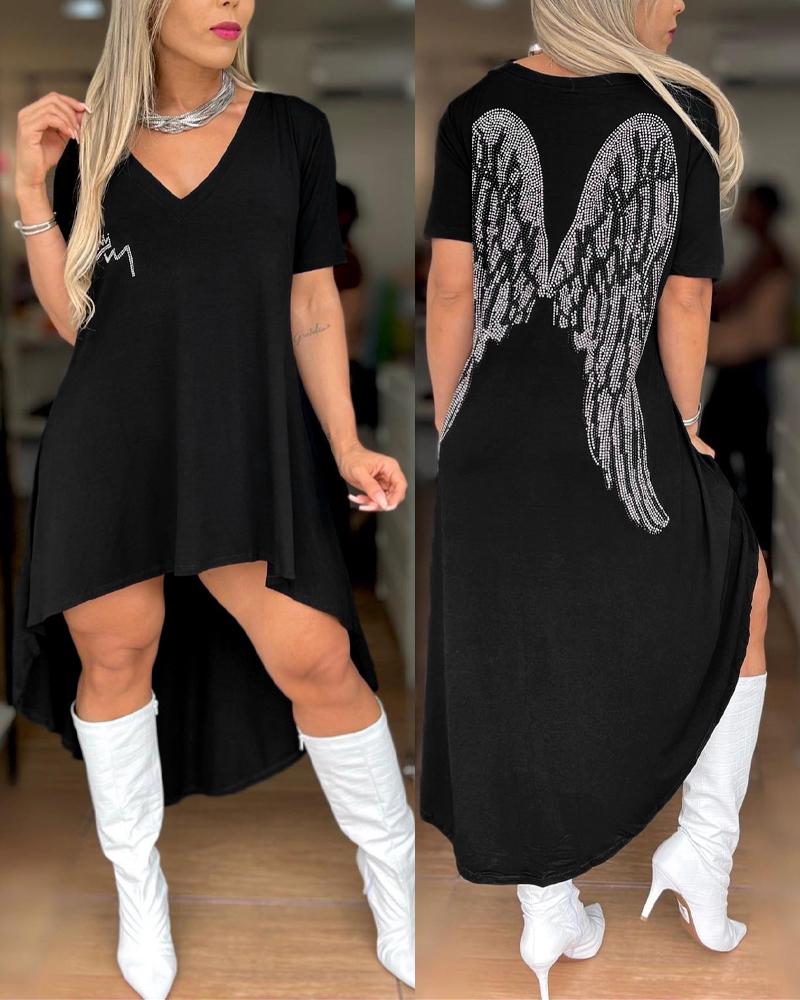 

Rhinestone Wings Pattern High Low Hem Casual Dress, Black