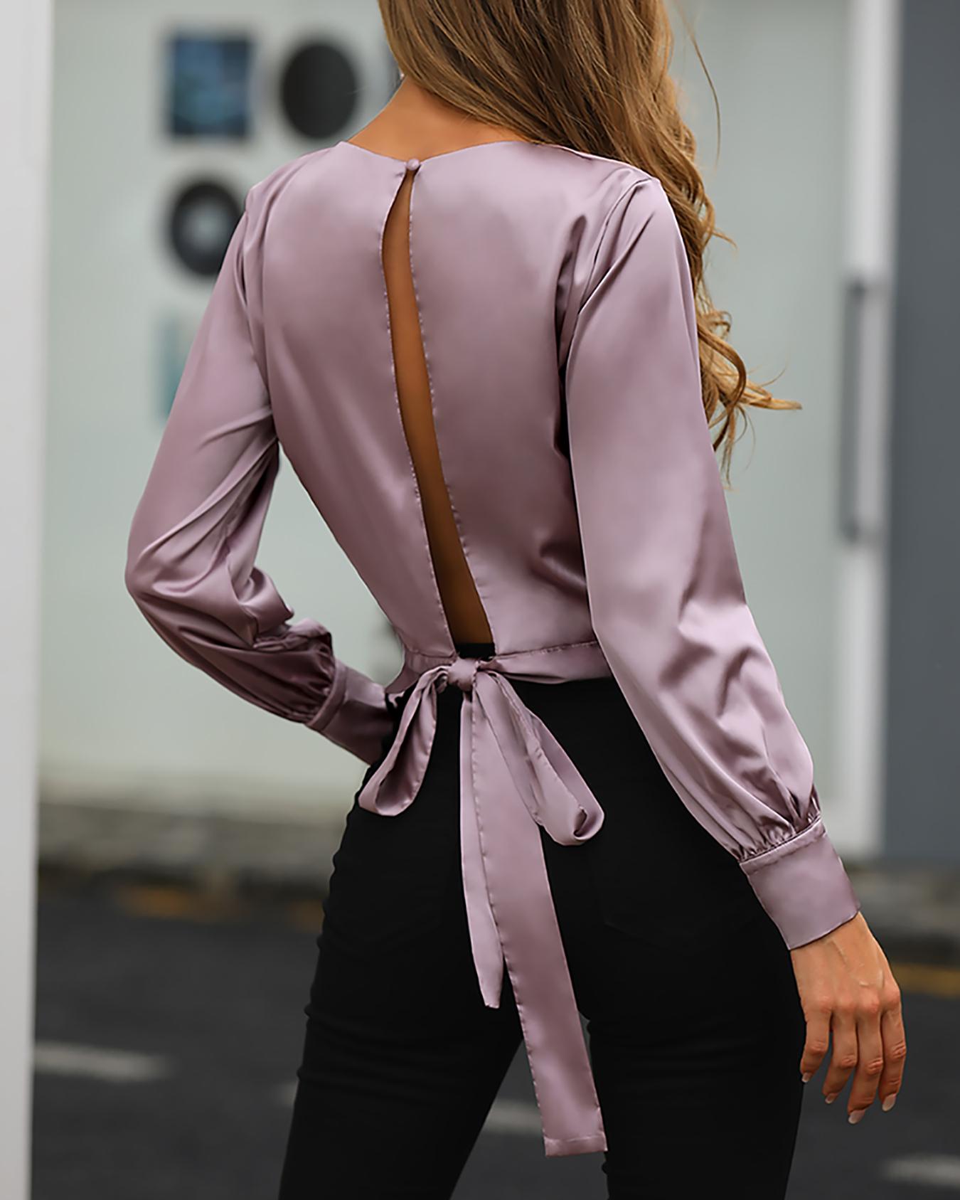 

Slit Knotted Back Buttoned Cuff Blouse, Pink