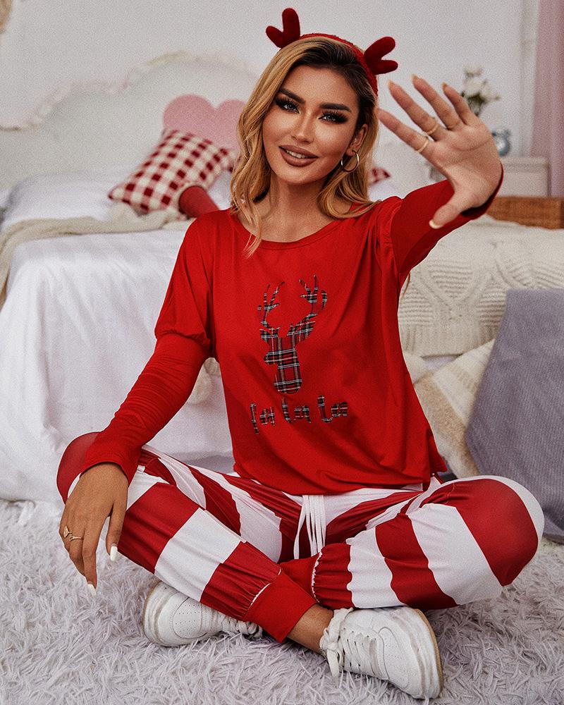 

Christmas Moose Print Top & Drawstring Pants Set, Red