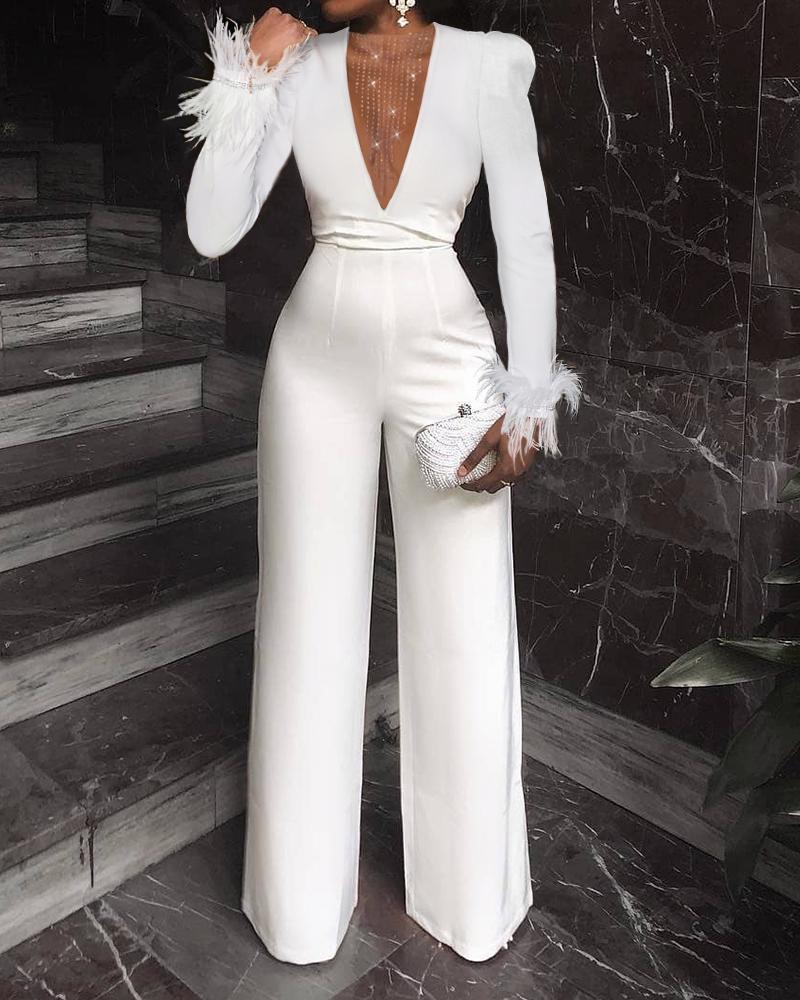 

Rhinestone Mesh Insert Feather Trim Jumpsuit, White