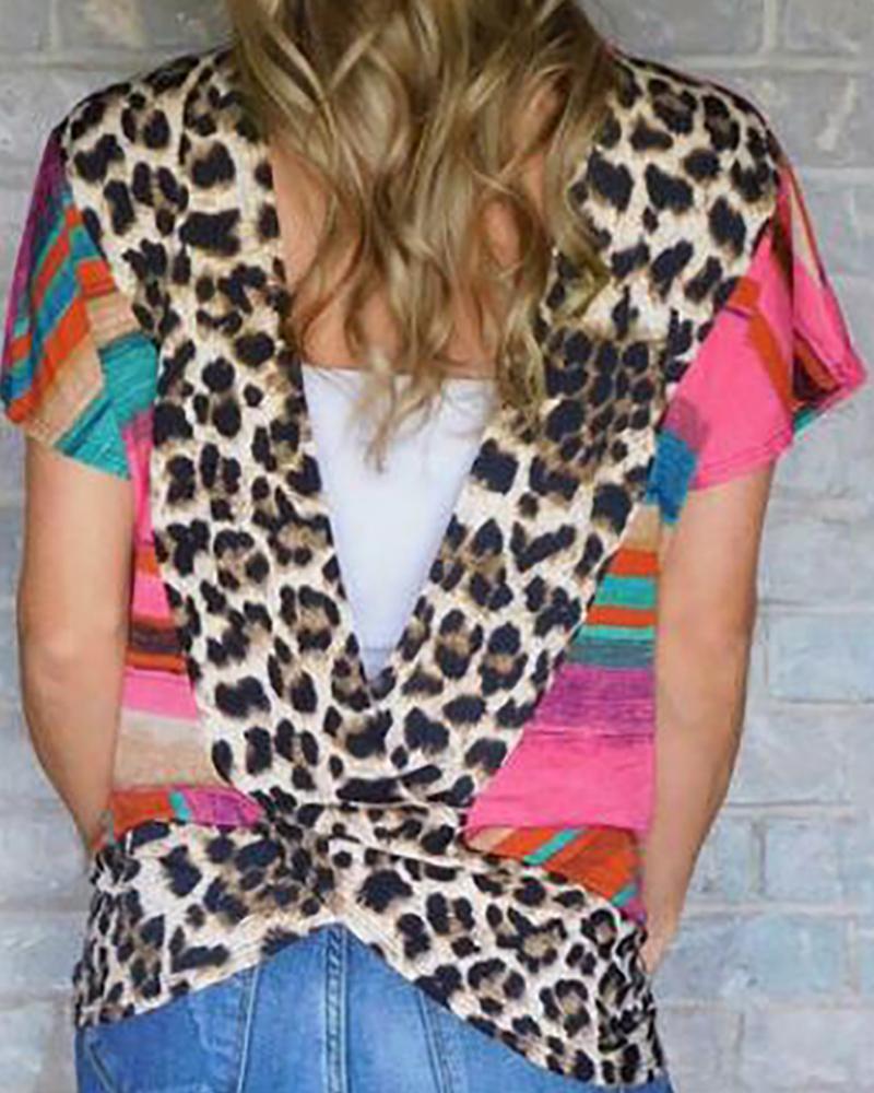 

Print Striped Backless Casual T-shirt, Pink