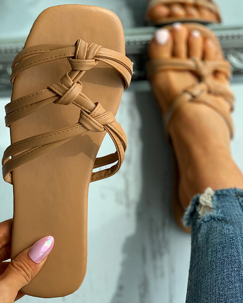 

Square Toe Strappy Slide Sandals, Khaki