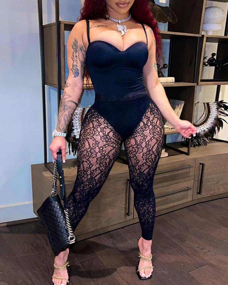 

Spaghetti Strap Bodysuit & Lace Patch Pants Set, Black