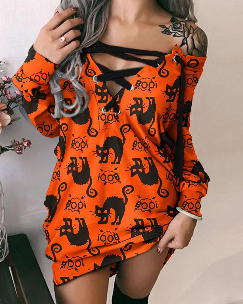 

Halloween Graphic Cat Print Eyelet Lace-up Sweatshirt Dress, Orange
