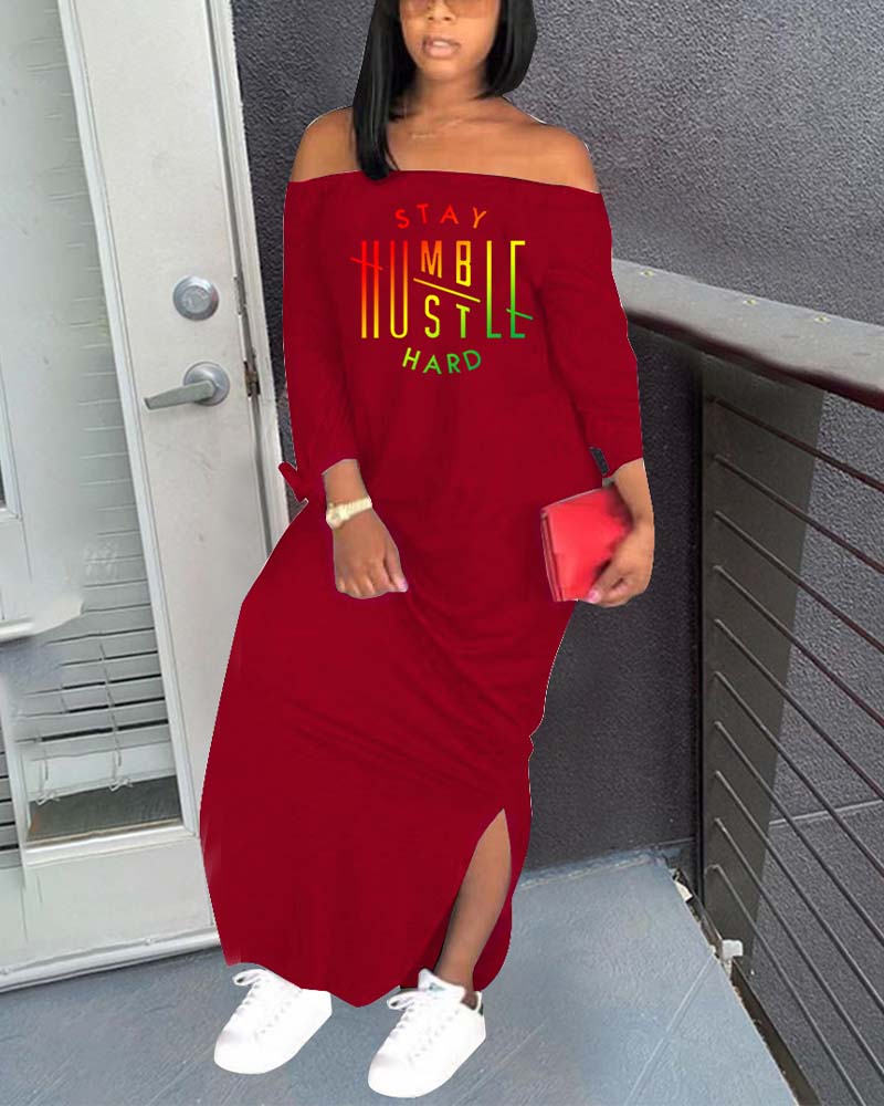 

Ombre Letter Print Off Shoulder Split Hem Maxi Dress, Wine red
