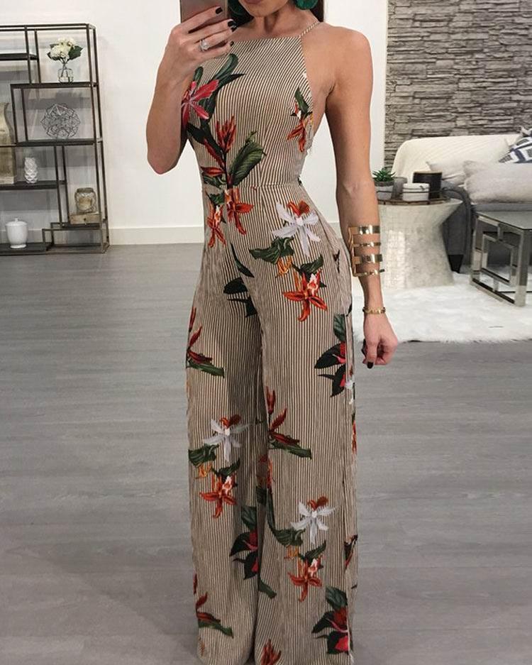 

Floral Printed Halter Open Back Casual Wide Leg Jumpsuit, Khaki