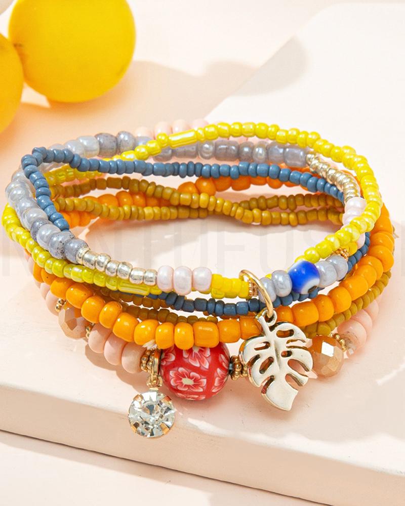 

1pc Palm Leaf Beaded Bohemian Multi-Layer Bracelet, Orange