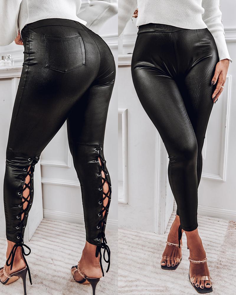 

Solid Color PU Leather Eyelet Lace-Up Skinny Pants, Black