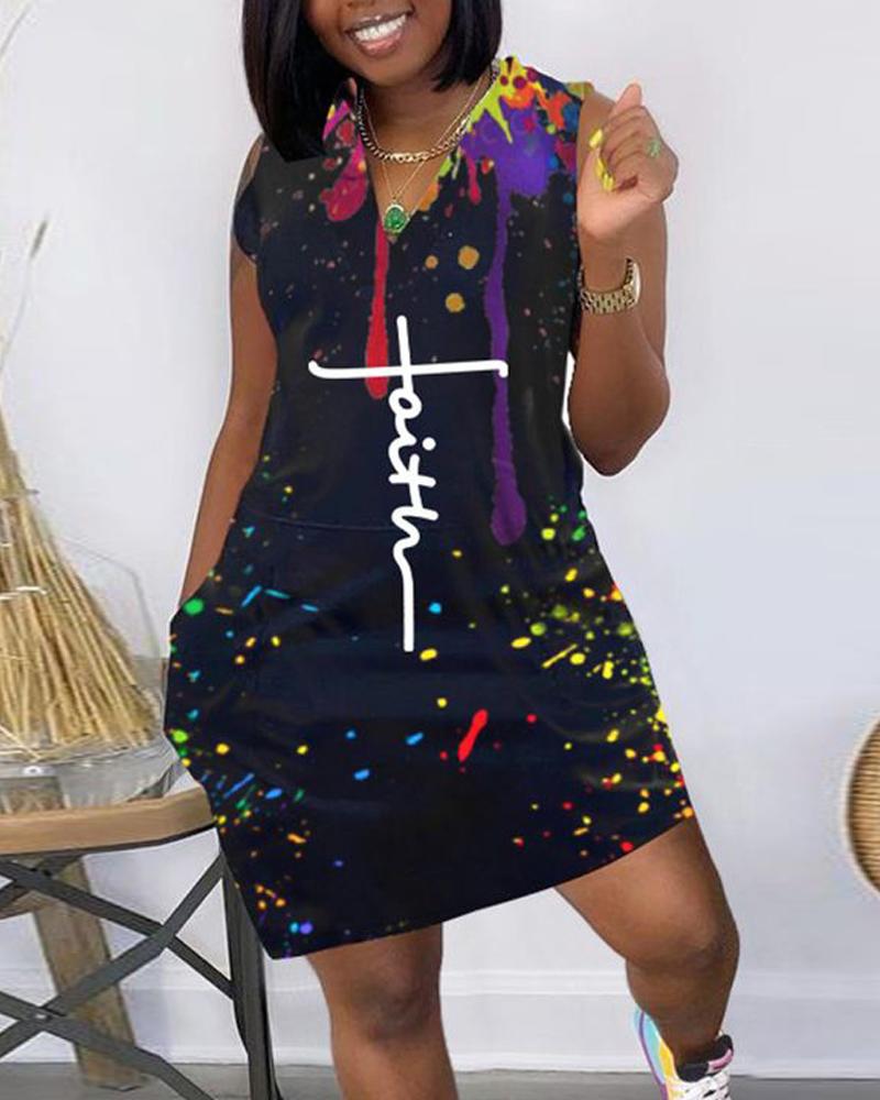 

Ink Splash Letter Print Pocket Detail Casual Dress, Black