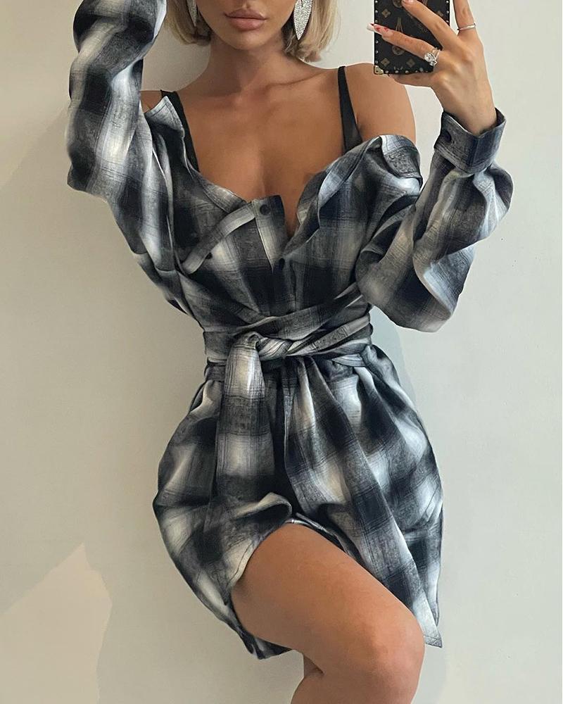 

Plaid Print Cold Shoulder Tied Detail Shirt Dress, Gray