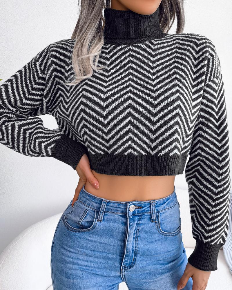 

Chevron Print High Neck Crop Sweater, Black