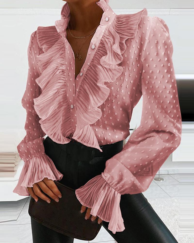 

Bell Sleeve Dot Ruched Ruffles Blouse, Pink