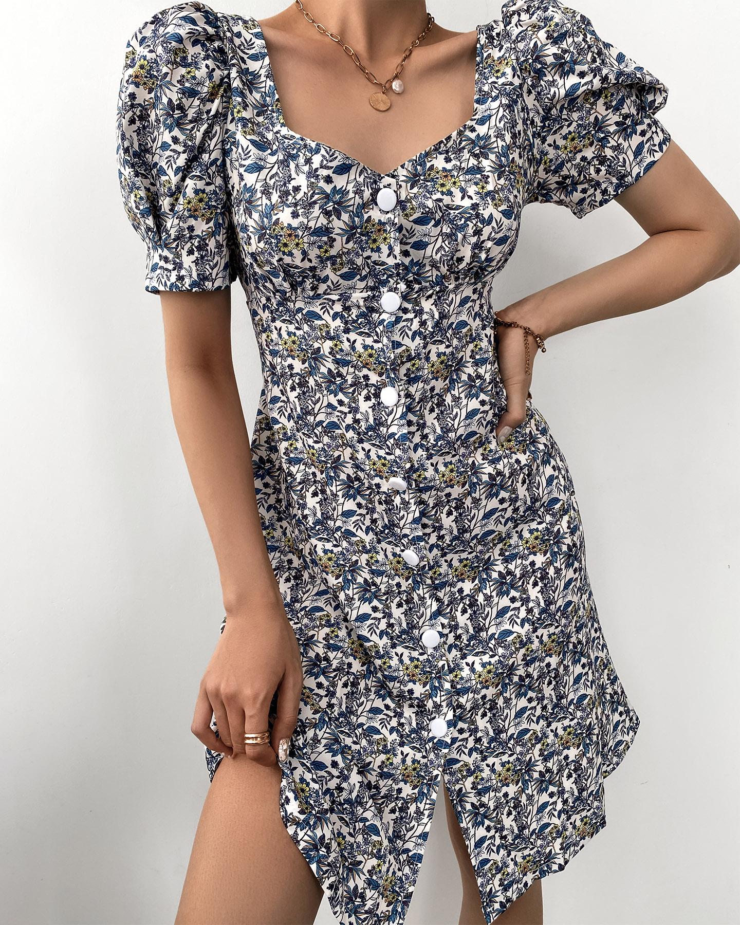 

Ditsy Floral Print Button Front Puff Sleeve Mini Dress, Green