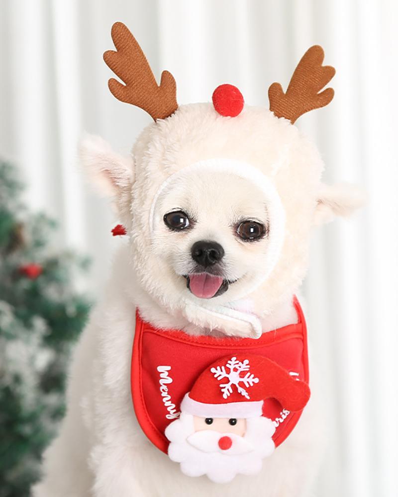 

Christmas Tree Deer Shape Pet Hat Saliva Towel Set, Red