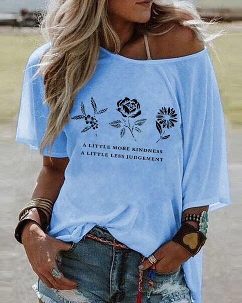 

Floral Letter Print One Shoulder Half Sleeve T-shirt, Blue
