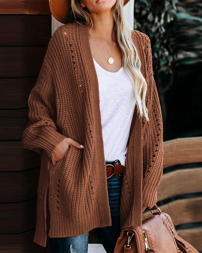 

Long Sleeve Open Front Split Hem Cardigan, Brown