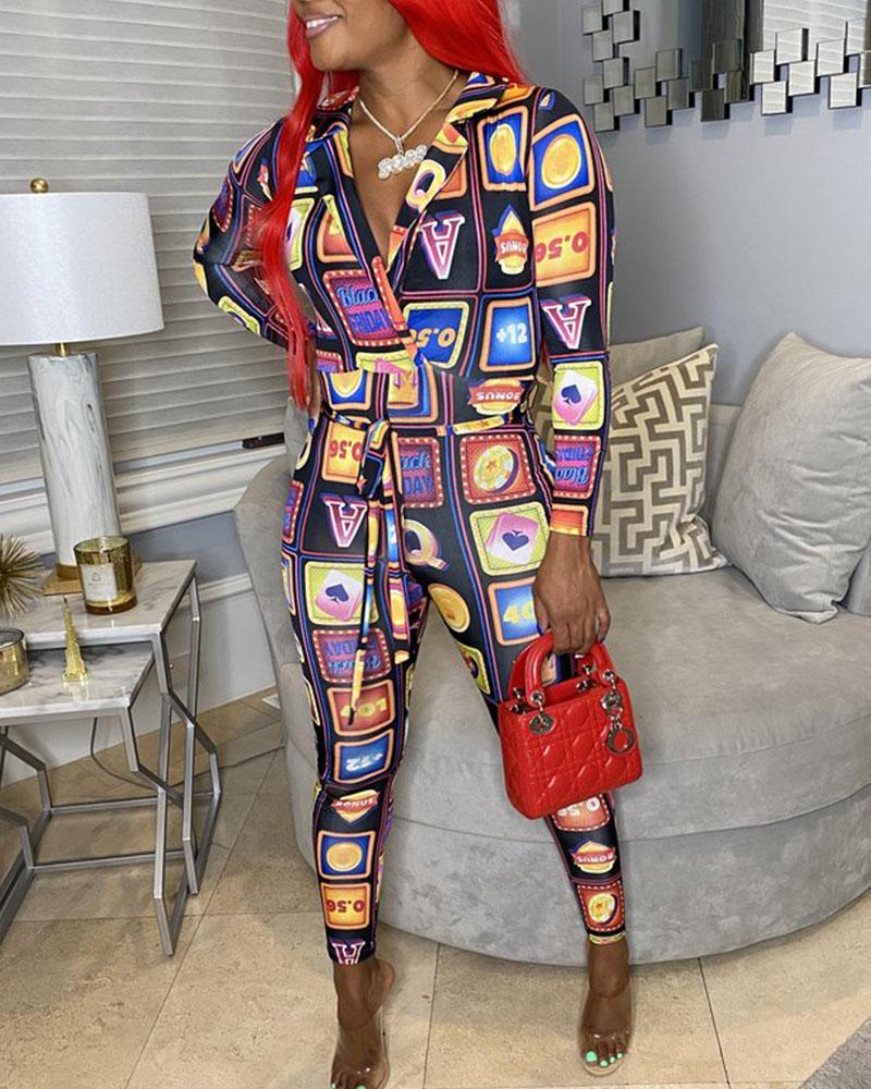 

Graphic Print Long Sleeve Skinny Jumpsuit, Multicolor