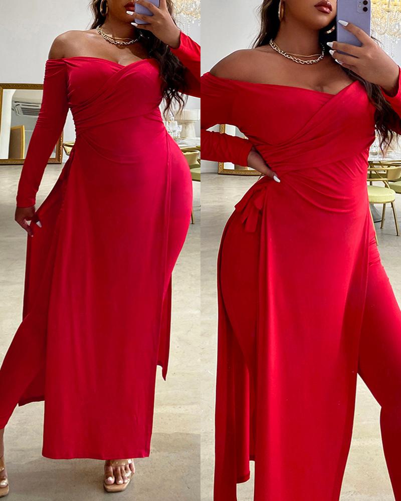 

Off Shoulder Slit Top & High Waist Pants Set, Red