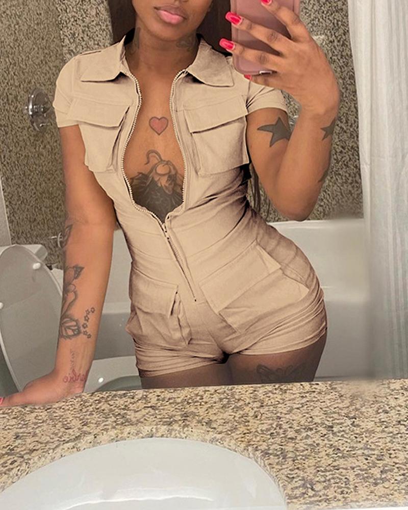 

Pocket Zipper Design Short Sleeve Romper, Khaki