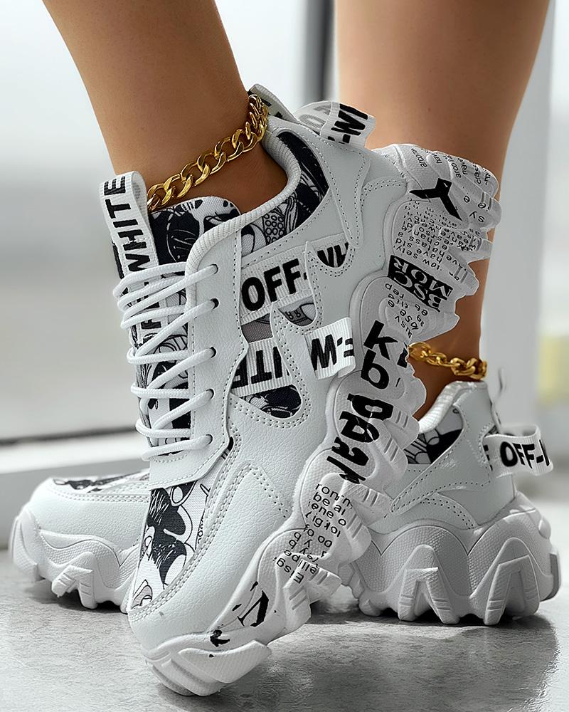 

Cartoon Letter Print Fashionable Platform Sneakers, White