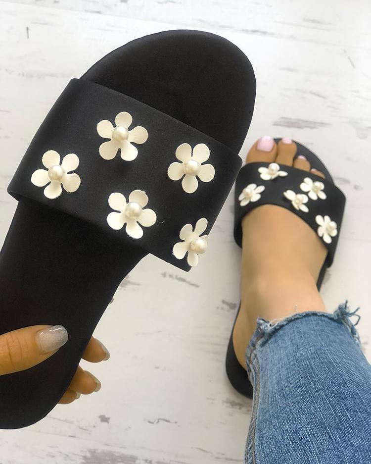 

Floral Embellished Single Strap Flat Sandals, Black
