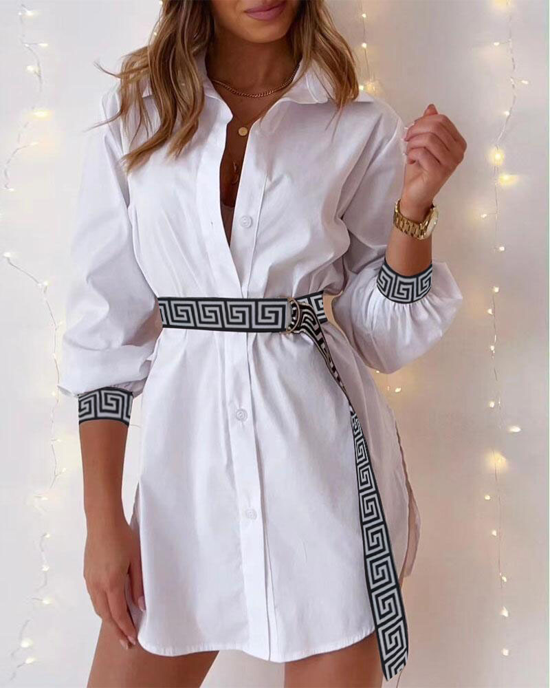 

Geo Trim Button Down Shirt Dress With Belt, White