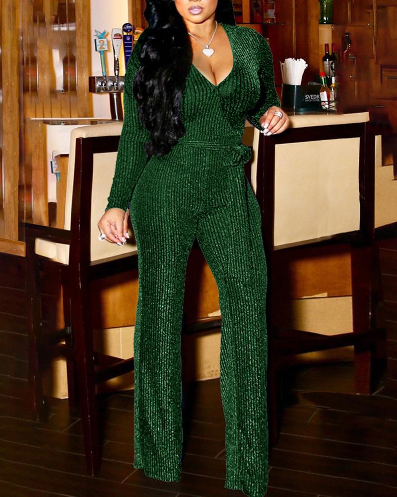 

Glitter Long Sleeve Surplice Neck Belted Jumpsuit, Green