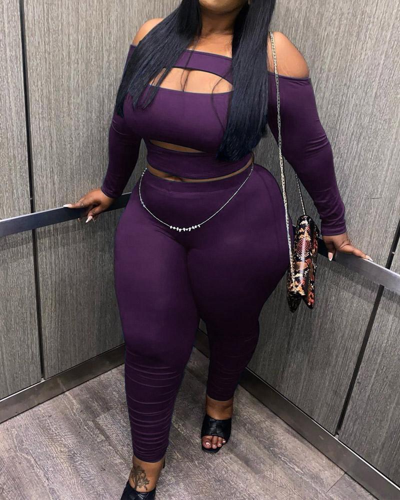 

Plus Size Off Shoulder Cutout Crop Top & Pants Set, Purple