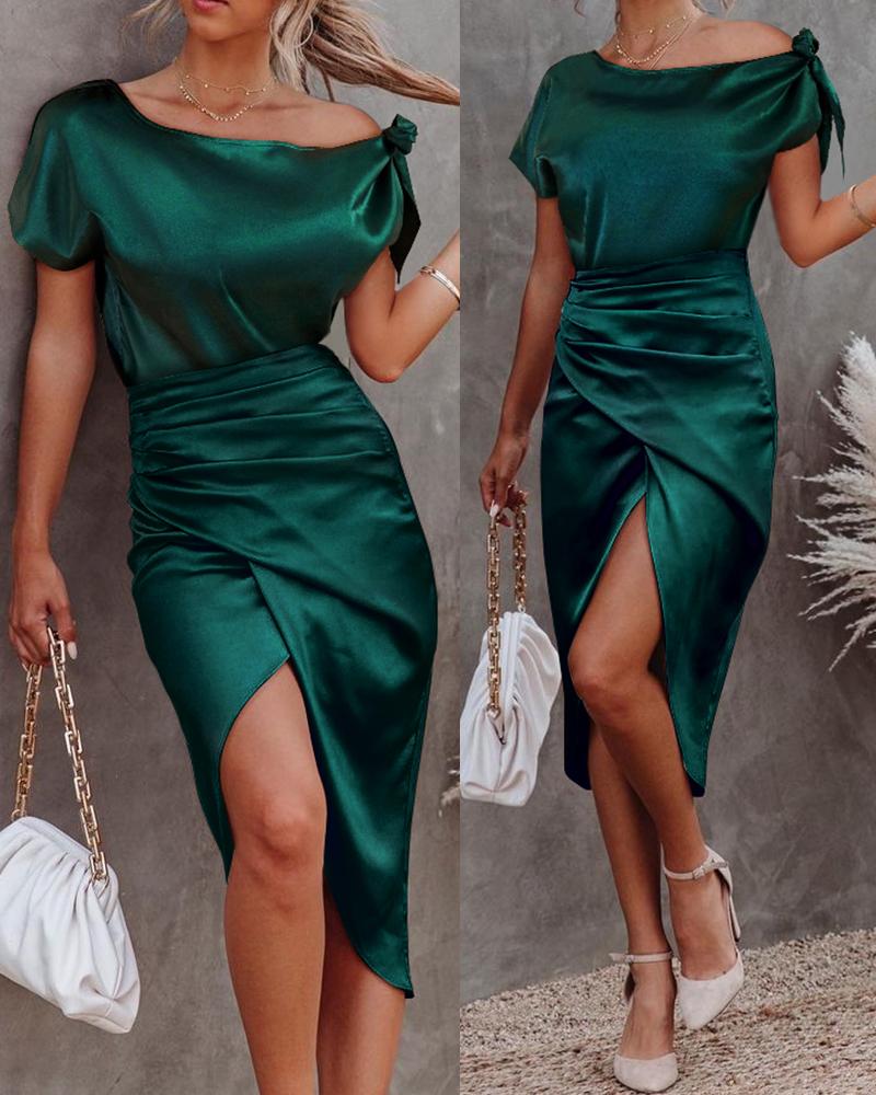 

Tied Detail Ruched Slit Party Dress, Green