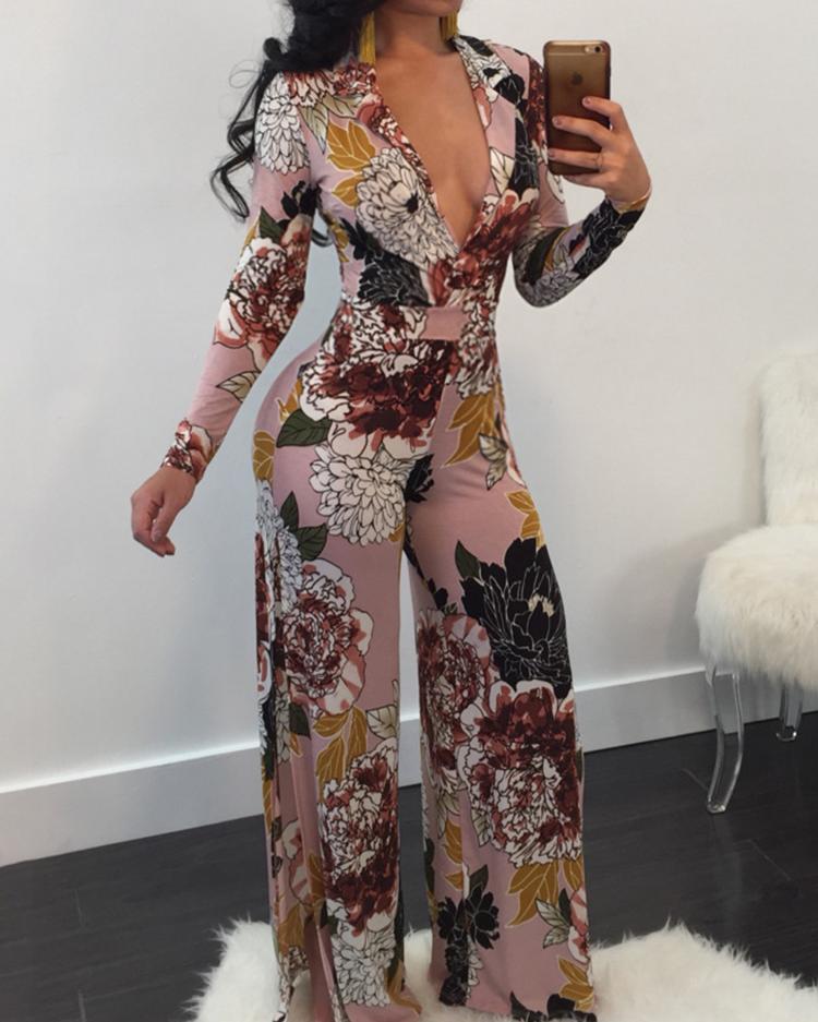 

Floral Print Deep V Neck Side High Slit Jumpsuit, Multicolor