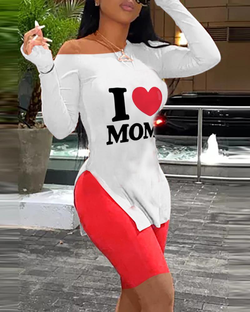 

Mother' Day Letter Heart Print Top & Shorts Set, Red
