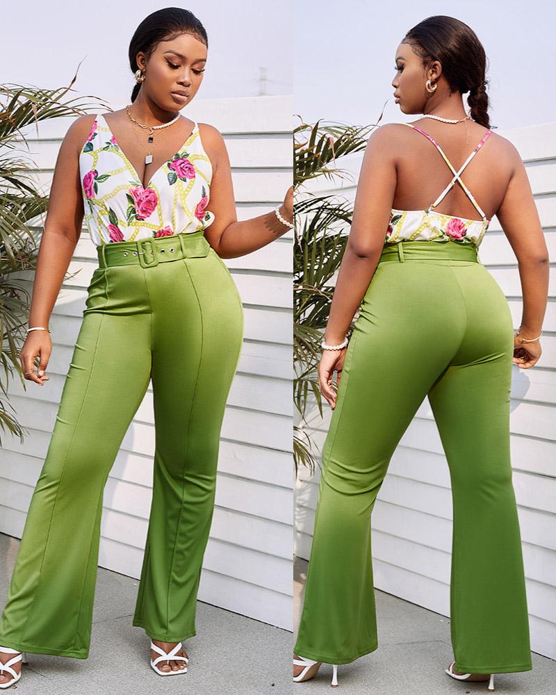

Floral Chain Print Bodysuit & Pants Set With Belt, Style1