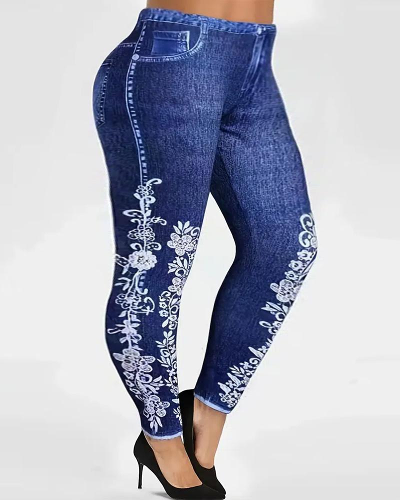 

Plus Size Floral Faux Denim Printed High Waist Leggings, Blue