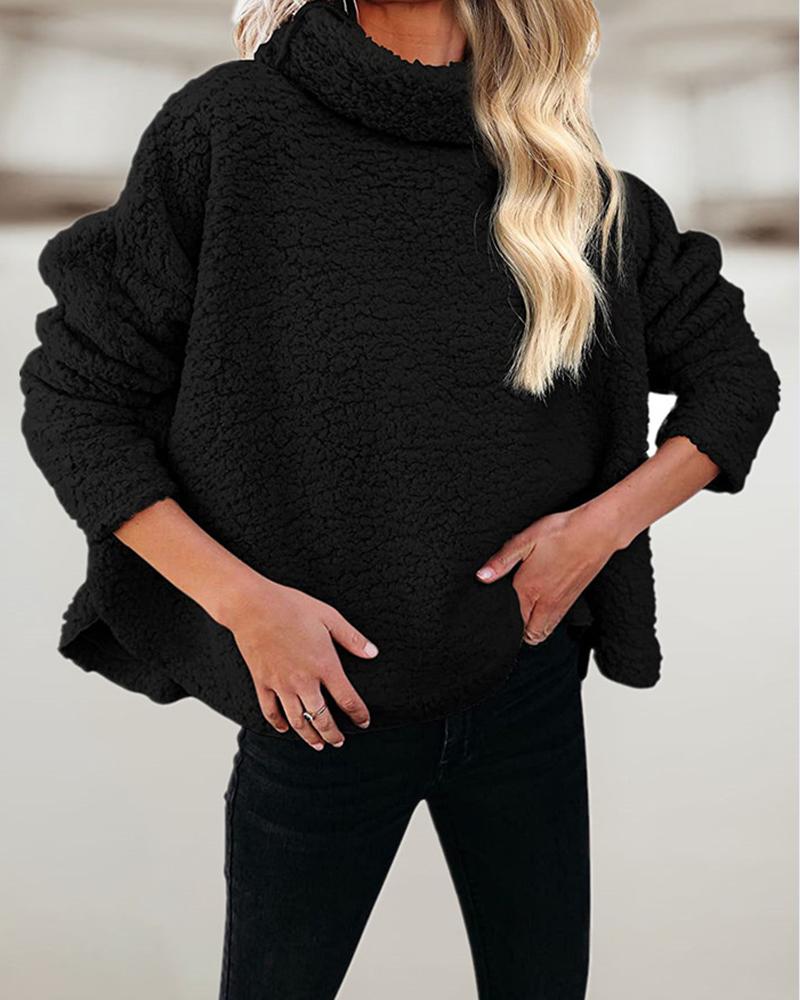 

High Neck Long Sleeve Teddy Coat, Black
