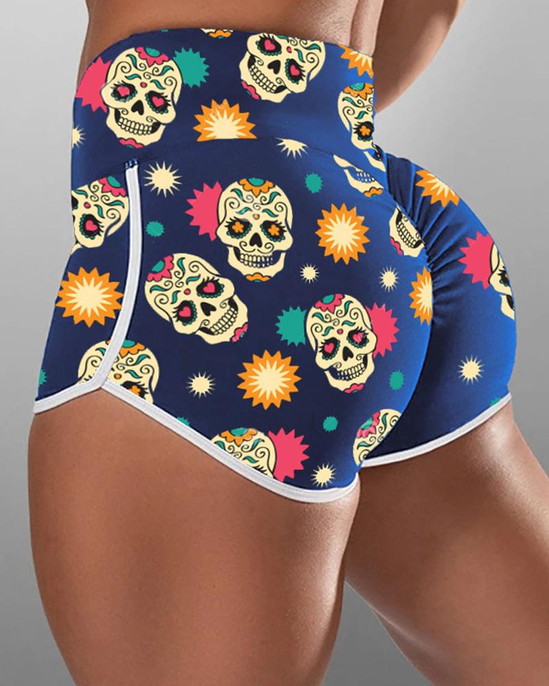 

Skeleton Patterns Print Loose Slit Shorts, Blue