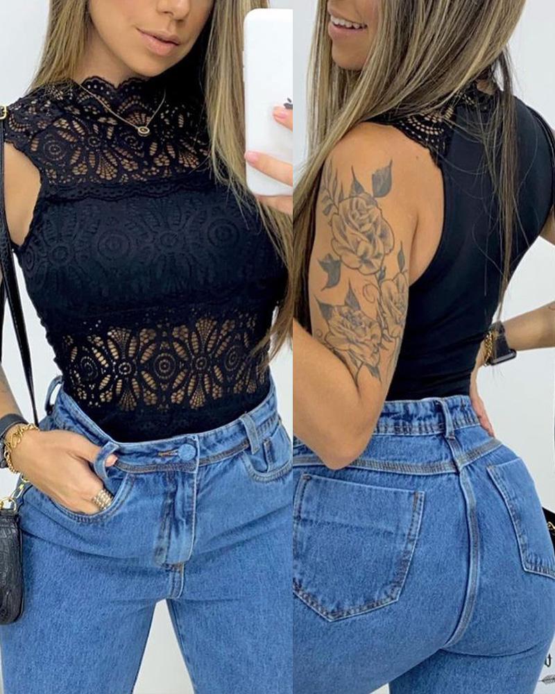 

Crochet Lace Skinny Tank Top, Black