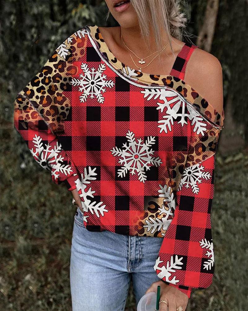 

Christmas Snowflake Plaid Print Cold Shoulder Top, Red