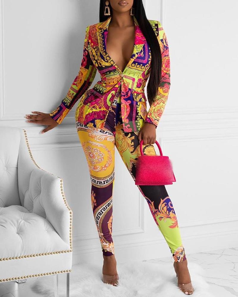

Scarf Print Buttoned Blazer Coat & Pants Sets, Yellow
