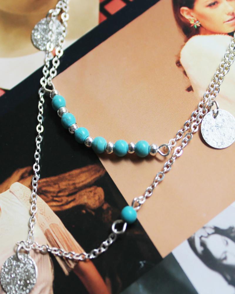 

Disc Decor Bohemian Turquoise Layered Chain Necklace, Silver