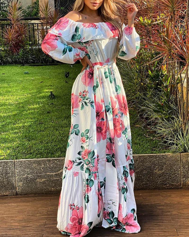 

Off Shoulder Ruffle Hem Floral Print Maxi Dress, White