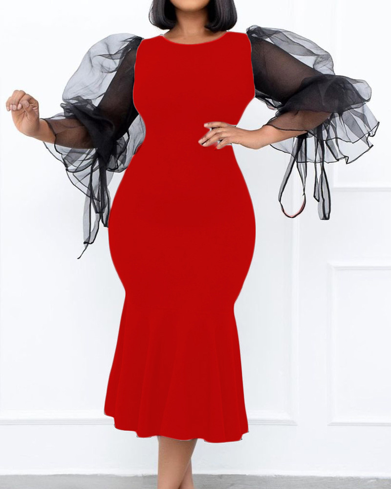 

Plus Size Sheer Mesh Puff Sleeve Mermaid Bodycon Dress, Red