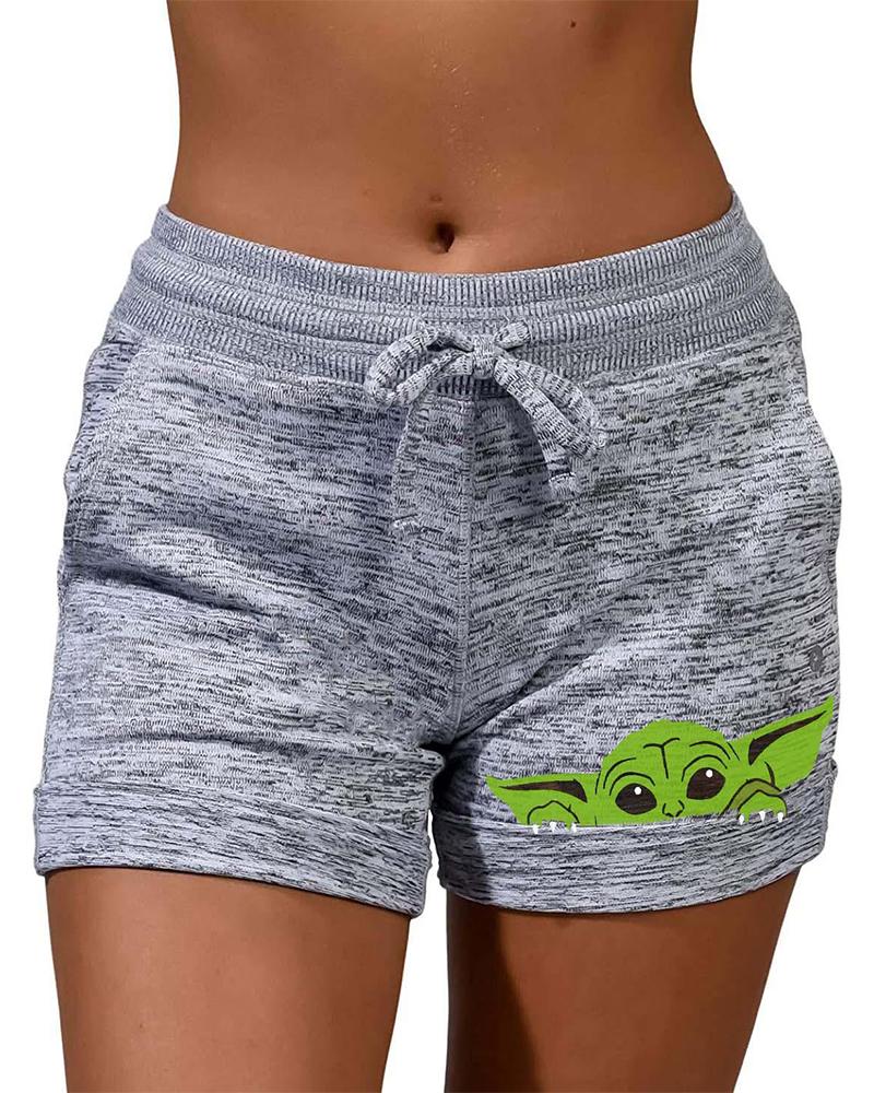 

Solid Color Splicing Cartoon Print Drawstring Short Pants, Gray