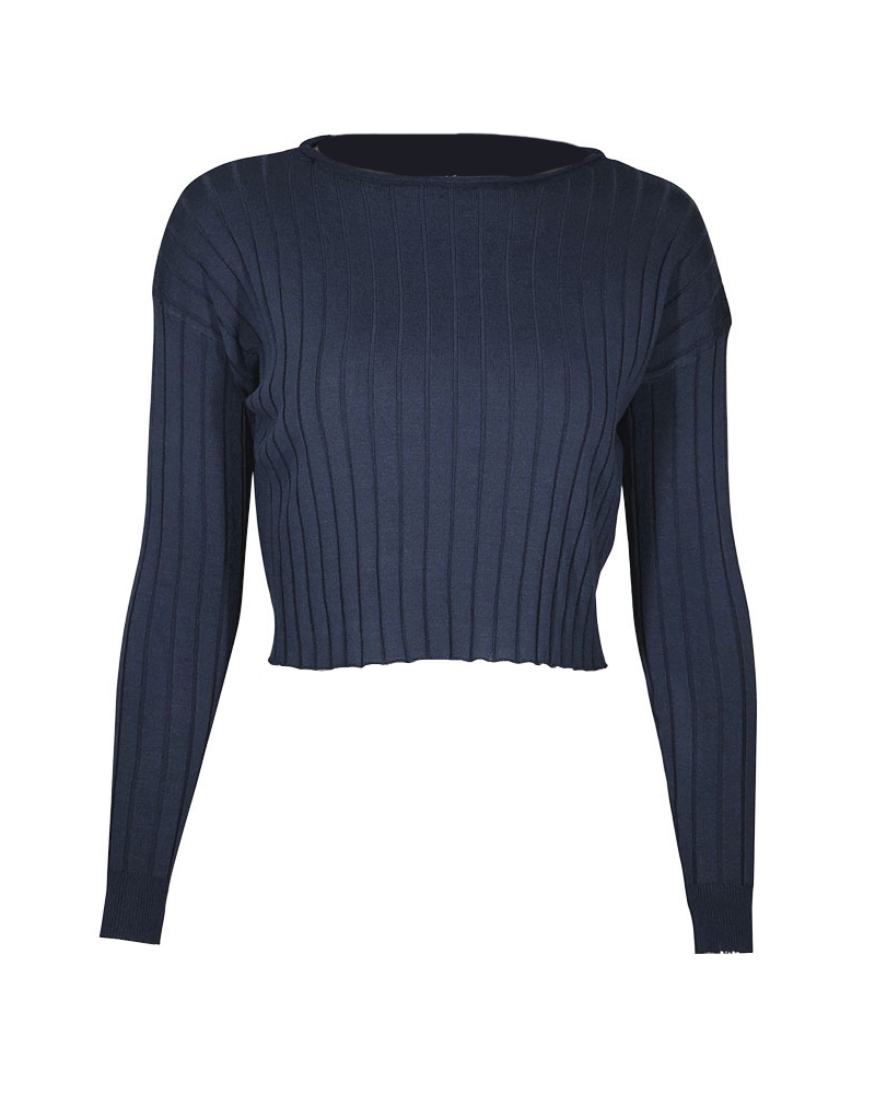 

Plain O-Neck Long Sleeve Crop Casual T-Shirt, Dark blue