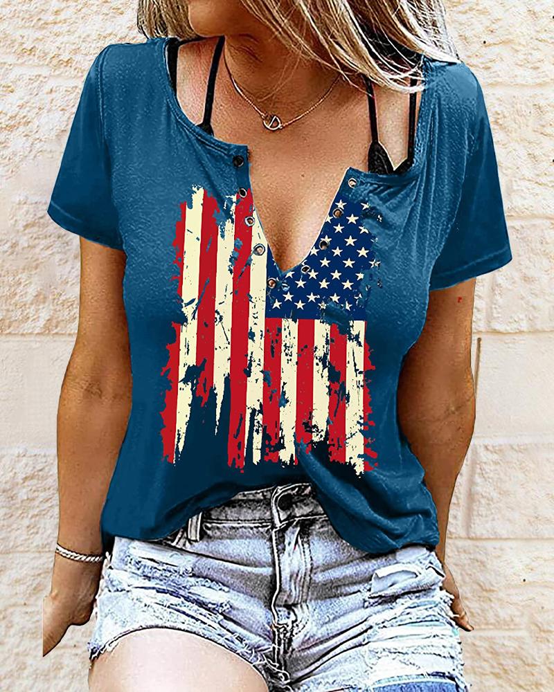 

Independence Day Flag Print Eyelet Decor T-shirt, Blue