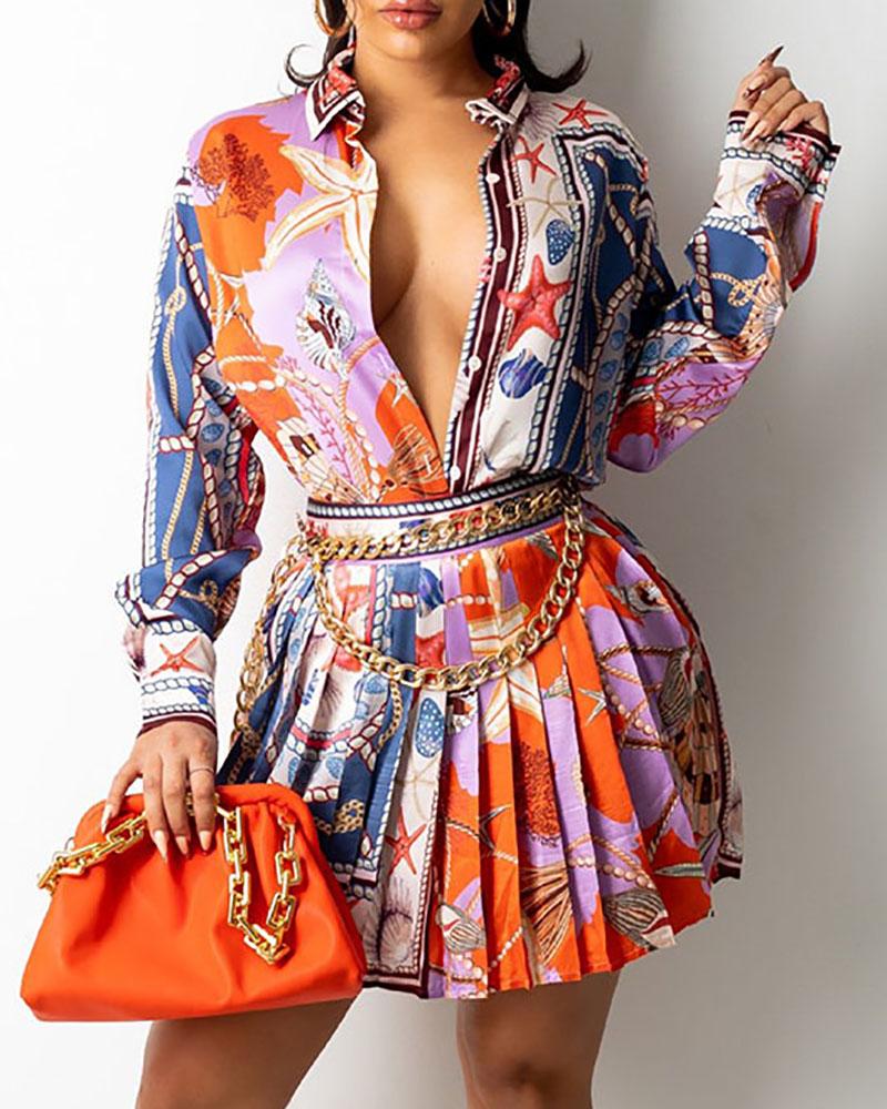 

Scarf Print Button Design Shirt & Pleated Skirt Set, Orange