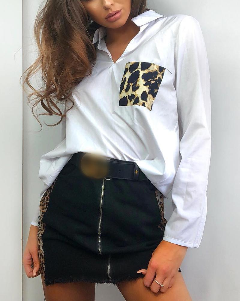 

Leopard Print Colorblock Long Sleeve Top, White