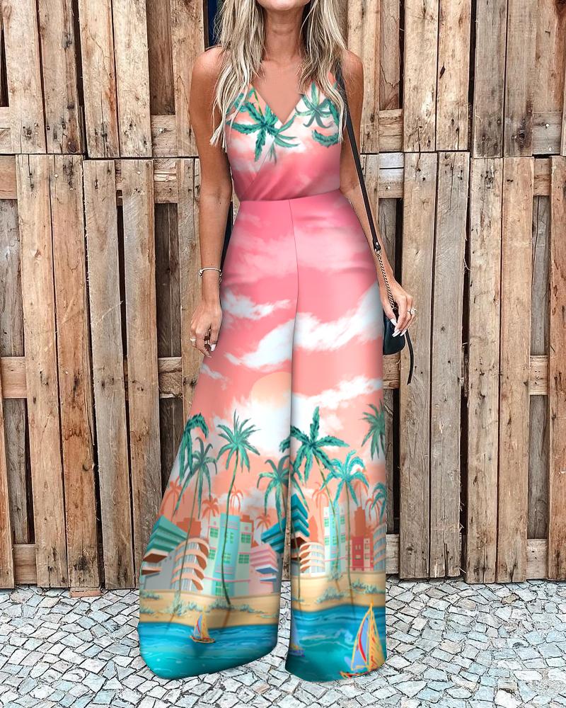 

Floral Print Strap Cutout Wide Leg Jumpsuit, Pink