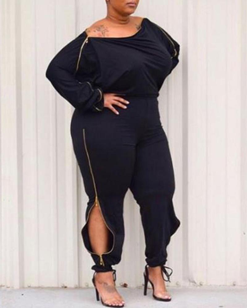 

Plus Size Plain Zipper Design Top & Tie Detail Pants Set, Black