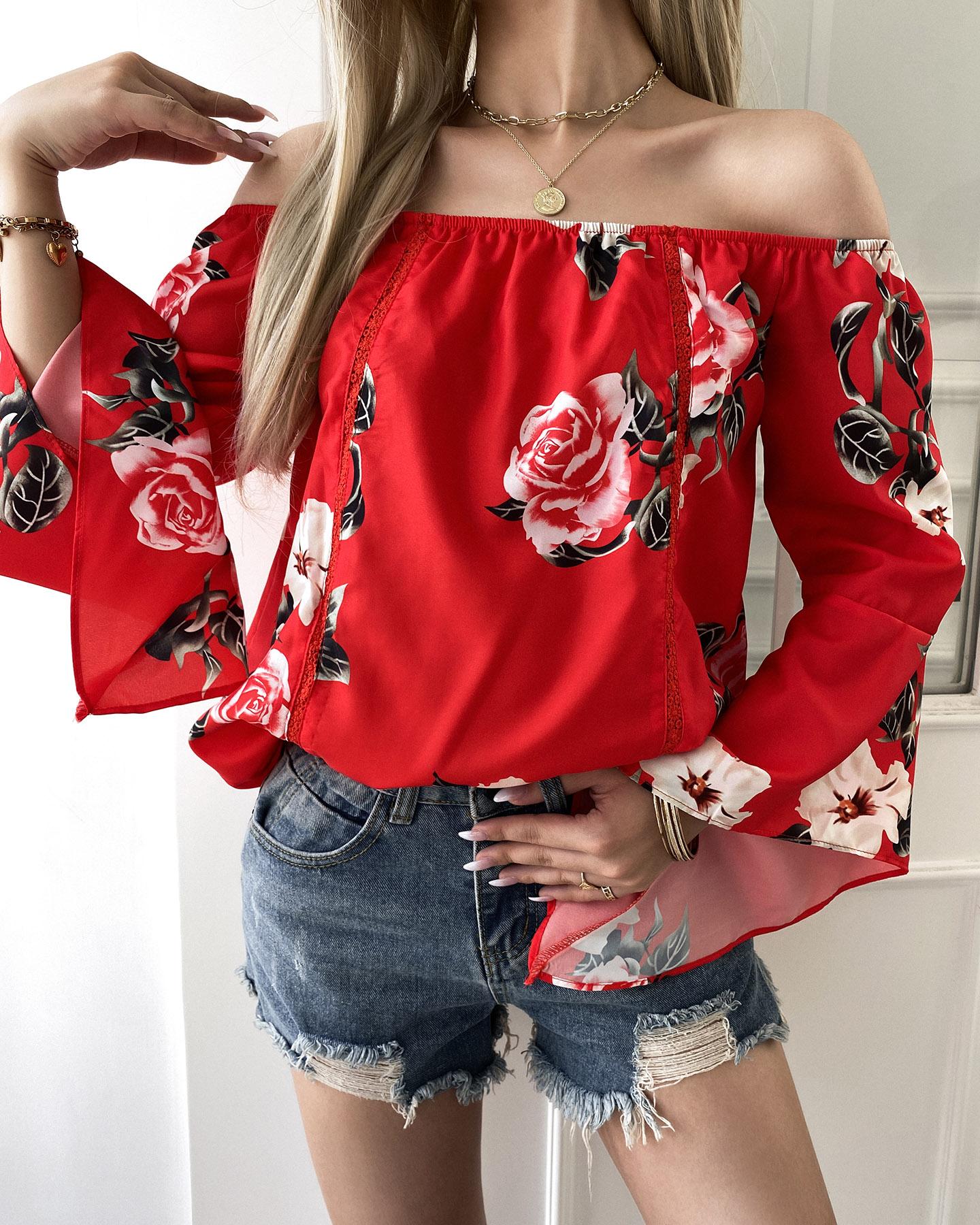 

Off Shoulder Floral Print Bell Sleeve Top, Red